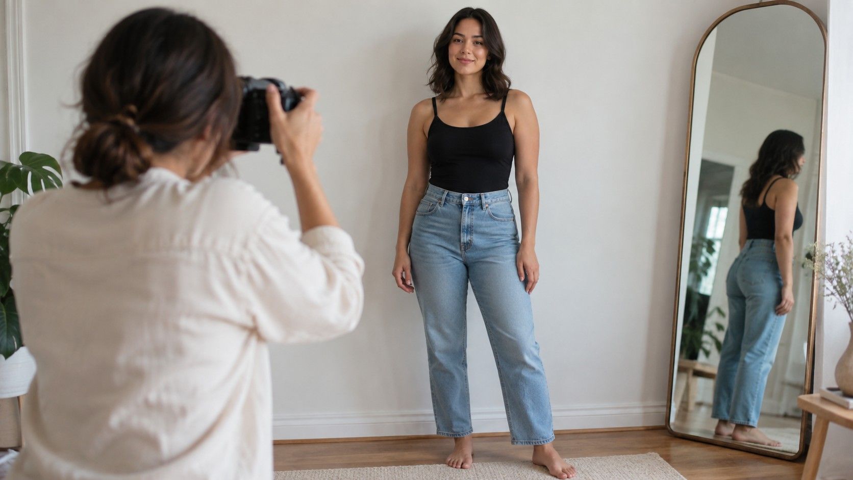 Person reviewing a full-length reference photo for proportions
