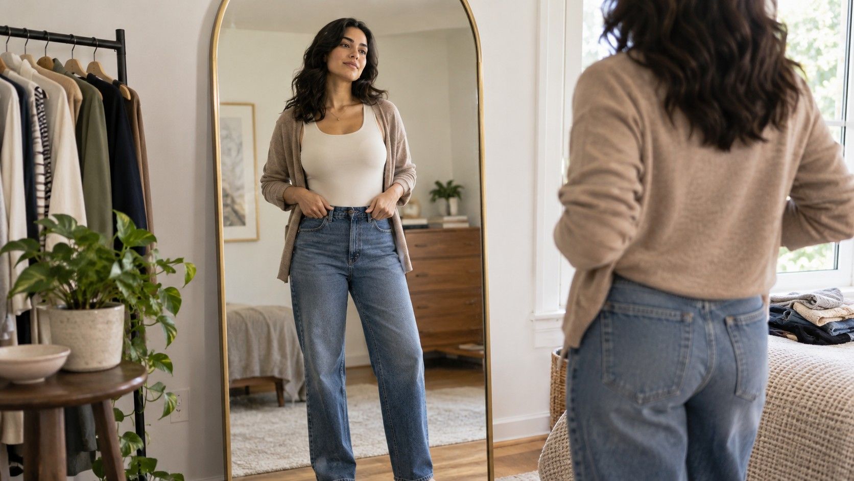 An everyday outfit with balanced long torso proportions