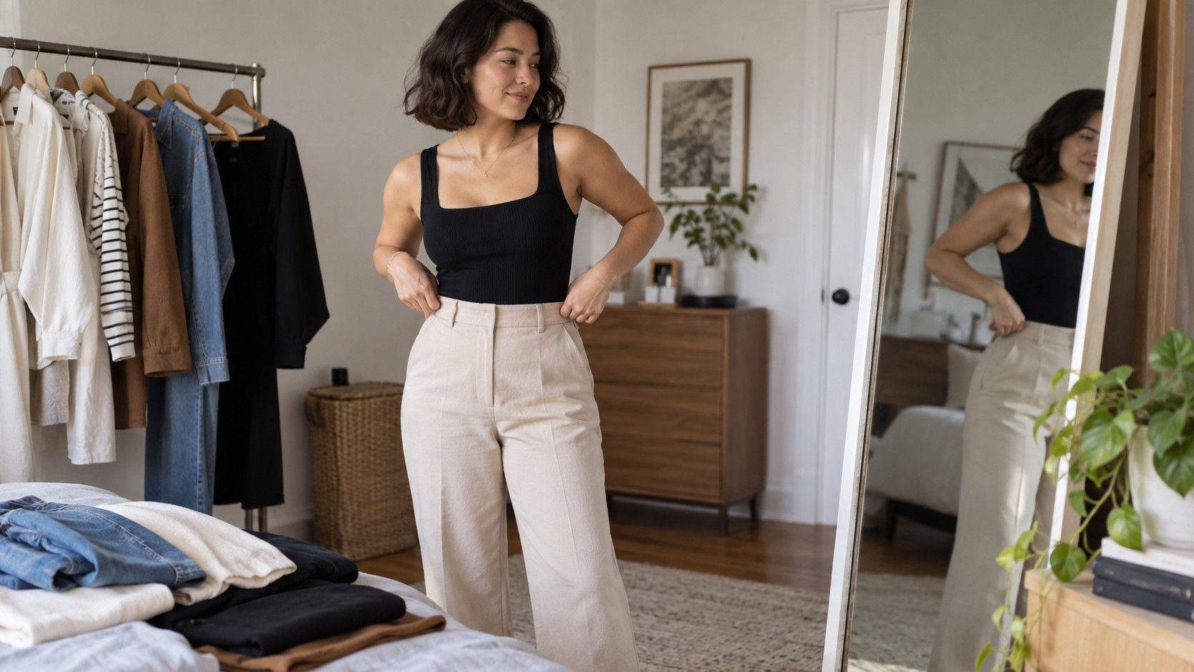 A relaxed outfit with balanced short torso proportions